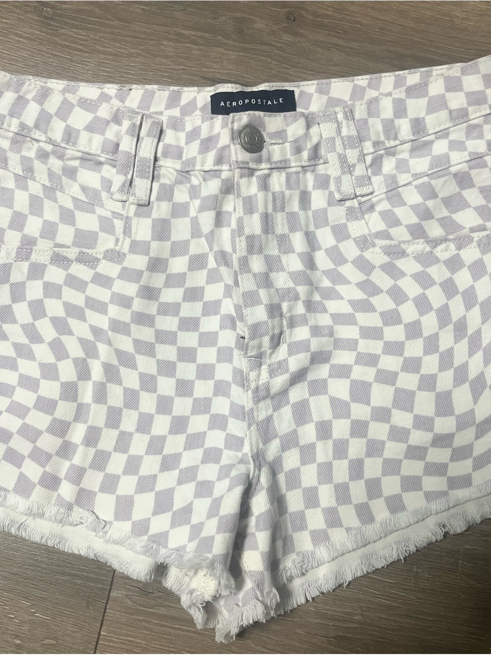 Aeropostale Lilac and White Checkered Frayed Hem Jean Shorts